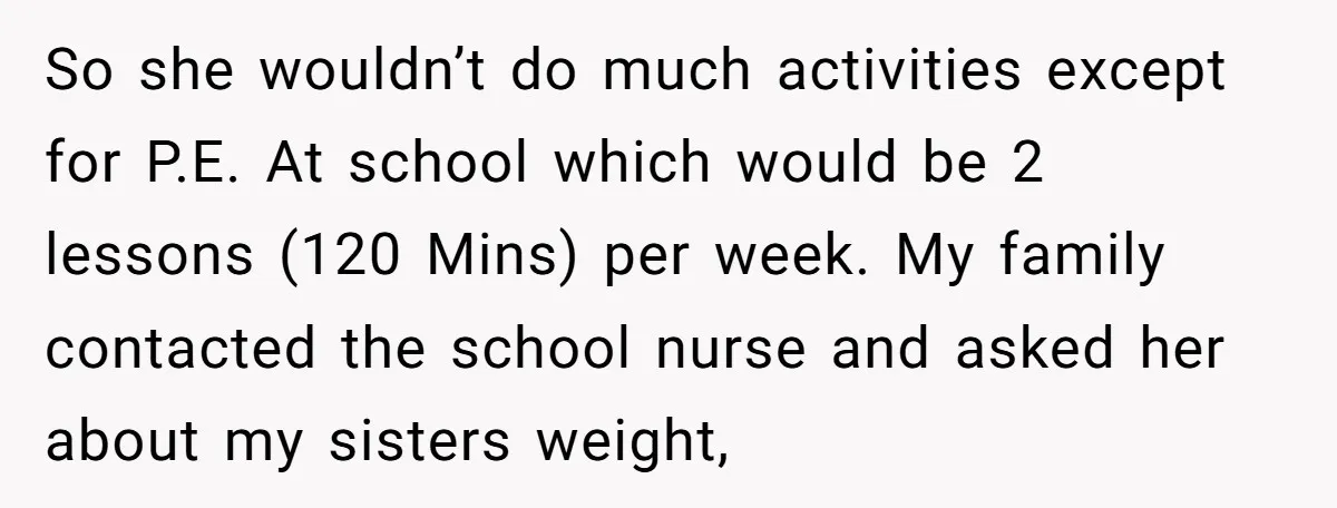 So she wouldn’t do much activities except for P.E. At school which would be 2 lessons (120 Mins) per week. My family contacted the school nurse and asked her about...