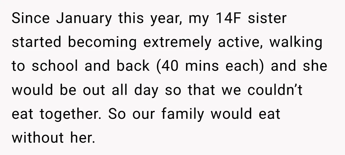 Since January this year, my 14F sister started becoming extremely active, walking to school and back (40 mins each) and she would be out all day so that we couldn’t...