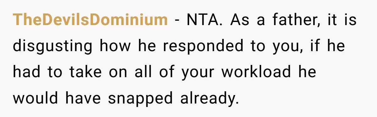 TheDevilsDominium − NTA. As a father, it is disgusting how he responded to you, if he had to take on all of your workload he would have snapped already.