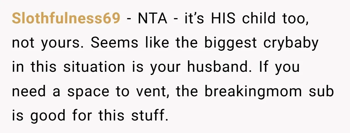 Slothfulness69 − NTA - it’s HIS child too, not yours. Seems like the biggest crybaby in this situation is your husband. If you need a space to vent, the breakingmom...