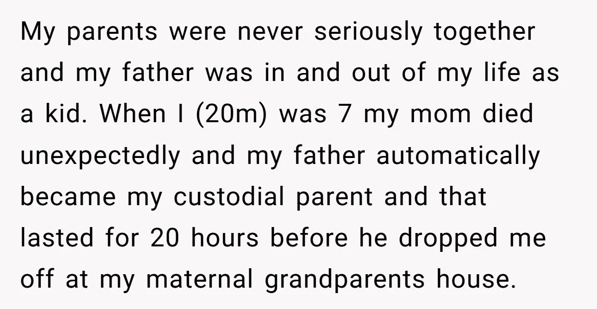 My parents were never seriously together and my father was in and out of my life as a kid. When I (20m) was 7 my mom died unexpectedly and my...