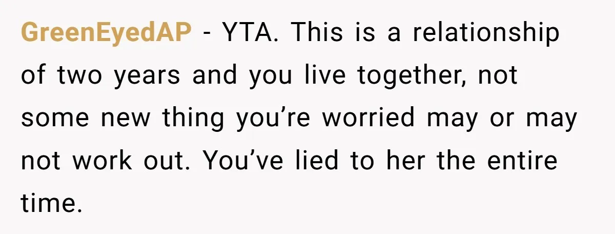 GreenEyedAP - YTA. This is a relationship of two years and you live together, not some new thing you’re worried may or may not work out. You’ve lied to her...