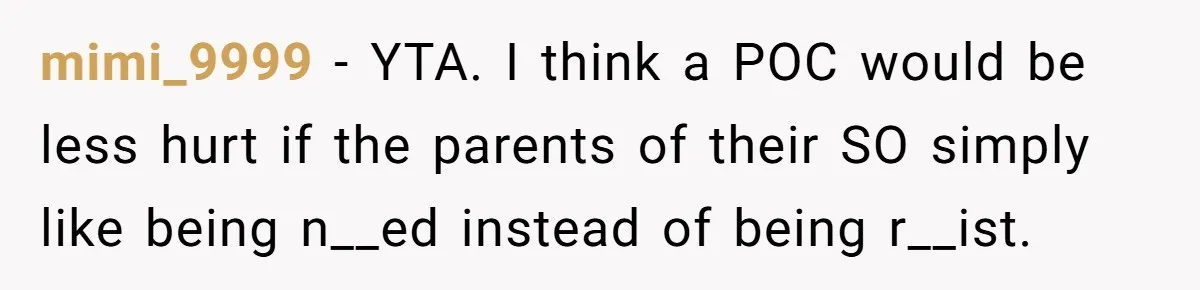 mimi_9999 - YTA. I think a POC would be less hurt if the parents of their SO simply like being n__ed instead of being r__ist.