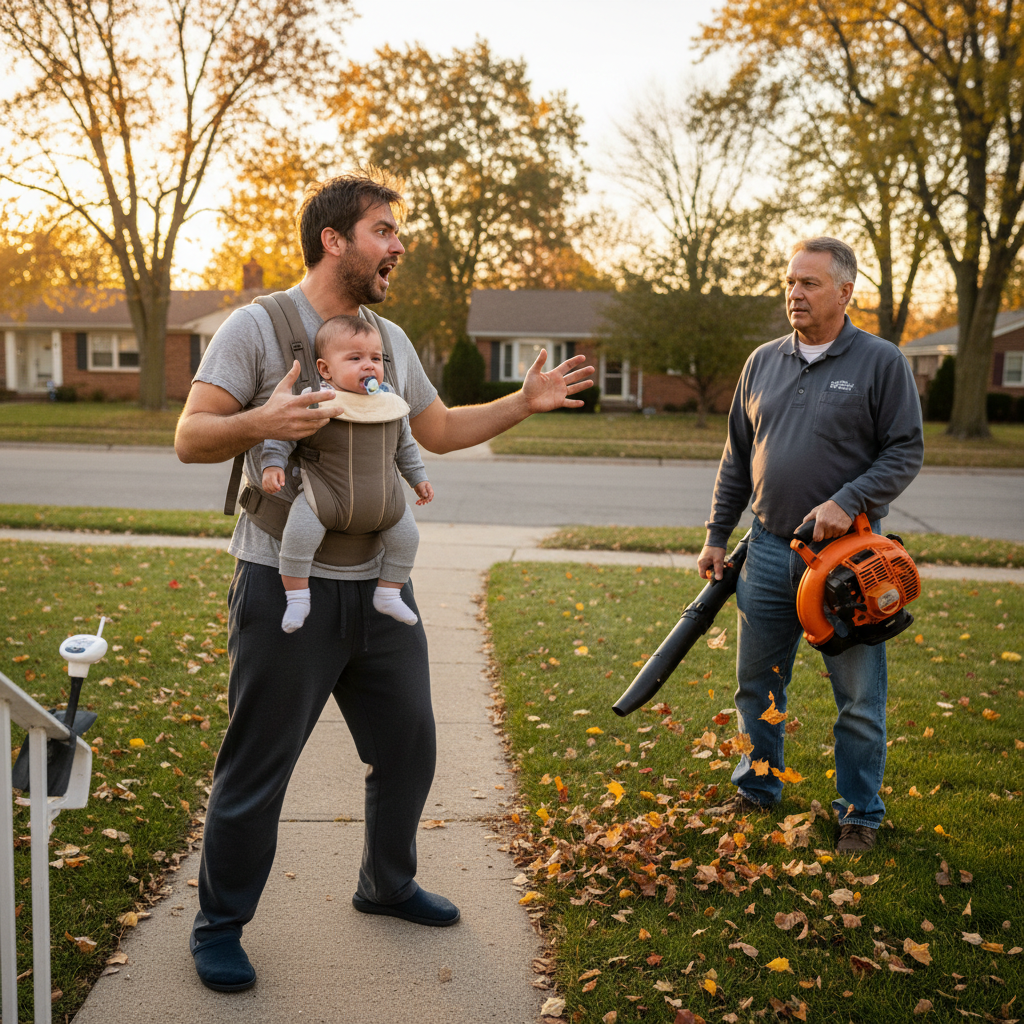 Exhausted Dad Confronts Neighbor Over 7 AM Leaf Blower, Accidentally Becomes a Local Legend