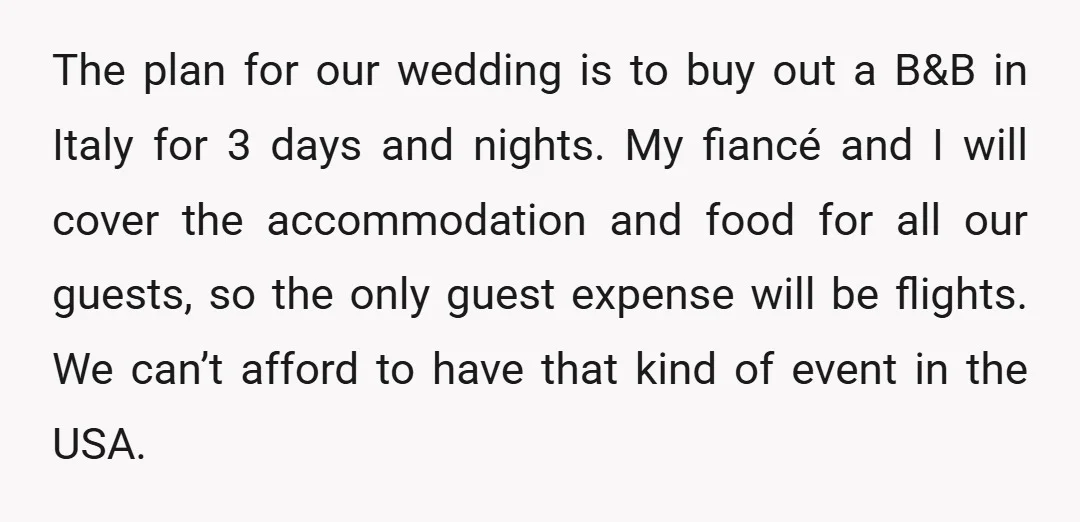 The plan for our wedding is to buy out a B&B in Italy for 3 days and nights. My fiancé and I will cover the accommodation and food for all...