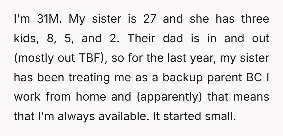 I'm 31M. My sister is 27 and she has three kids, 8, 5, and 2. Their dad is in and out (mostly out TBF), so for the last year, my...