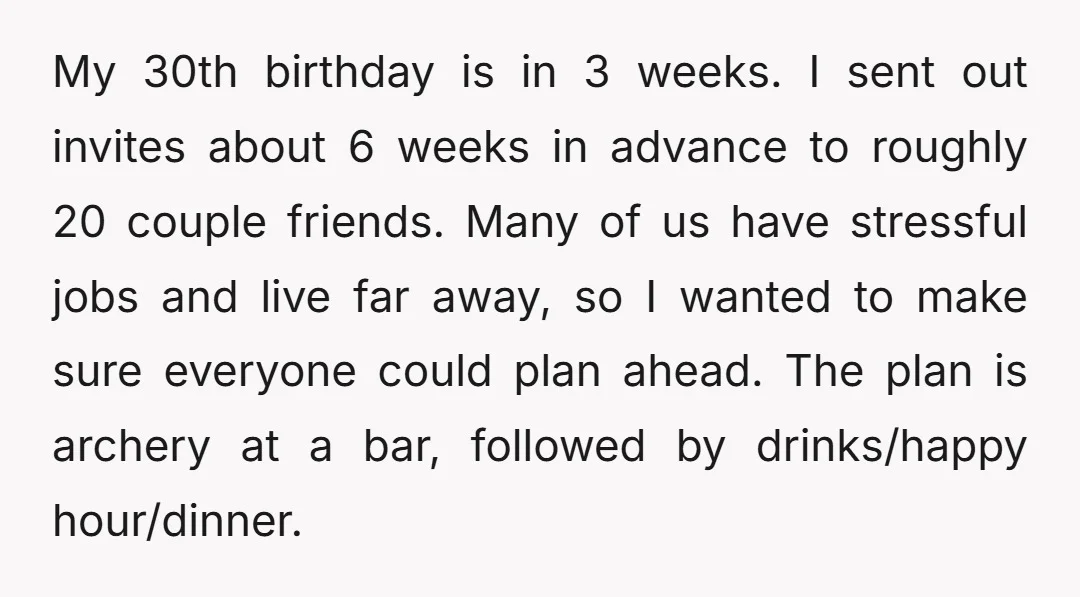 My 30th birthday is in 3 weeks. I sent out invites about 6 weeks in advance to roughly 20 couple friends. Many of us have stressful jobs and live far...