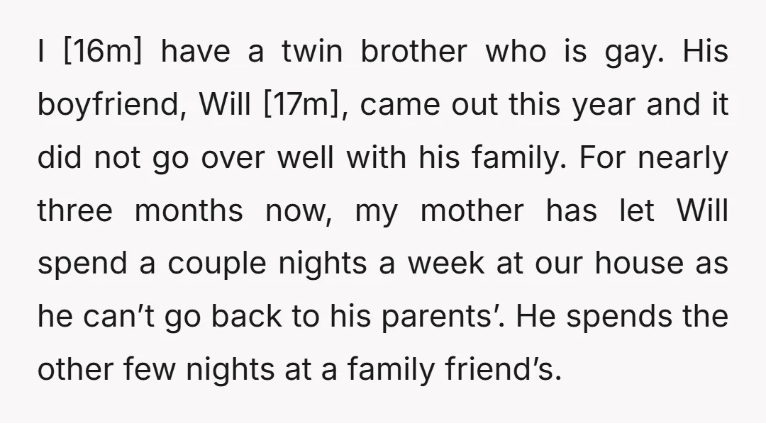 I [16m] have a twin brother who is gay. His boyfriend, Will [17m], came out this year and it did not go over well with his family. For nearly three...