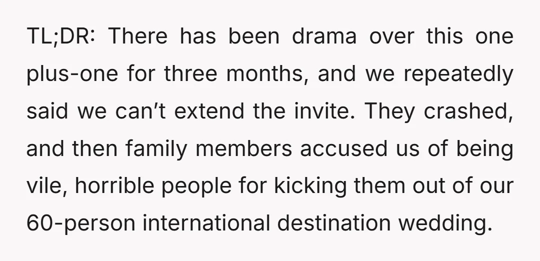 TL;DR: There has been drama over this one plus-one for three months, and we repeatedly said we can’t extend the invite. They crashed, and then family members accused us of...