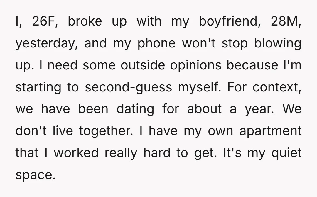 I, 26F, broke up with my boyfriend, 28M, yesterday, and my phone won't stop blowing up. I need some outside opinions because I'm starting to second-guess myself. For context, we...