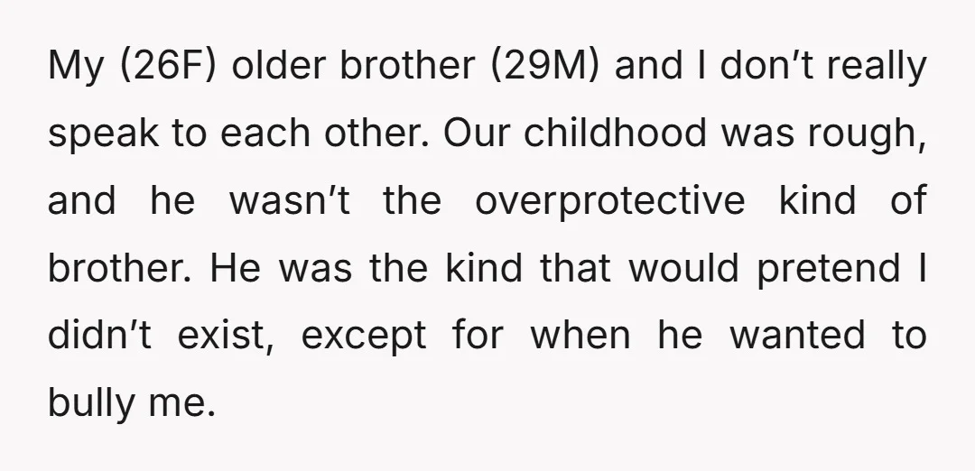 My (26F) older brother (29M) and I don’t really speak to each other. Our childhood was rough, and he wasn’t the overprotective kind of brother. He was the kind that...