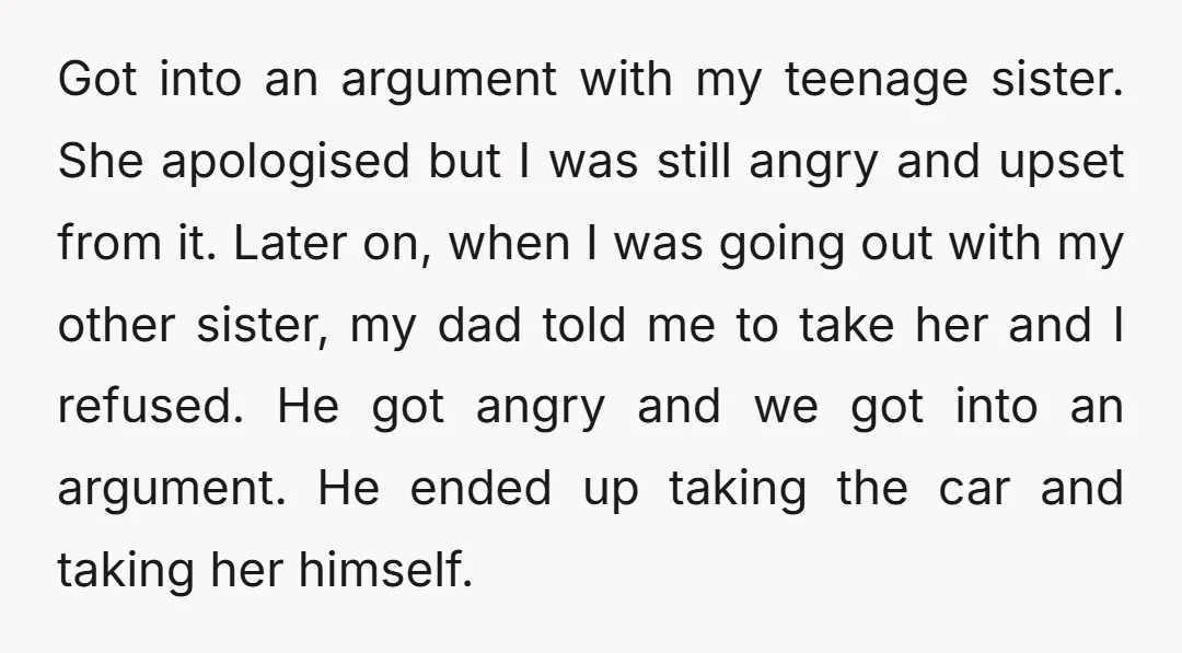Got into an argument with my teenage sister. She apologised but I was still angry and upset from it. Later on, when I was going out with my other sister,...
