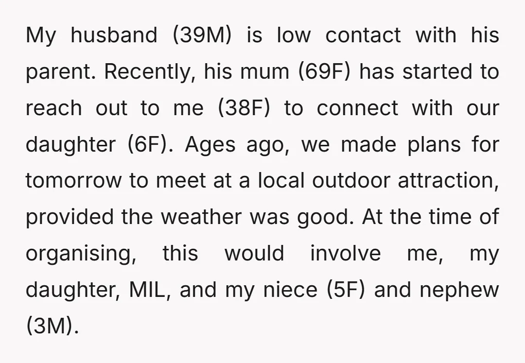 My husband (39M) is low contact with his parent. Recently, his mum (69F) has started to reach out to me (38F) to connect with our daughter (6F). Ages ago, we...