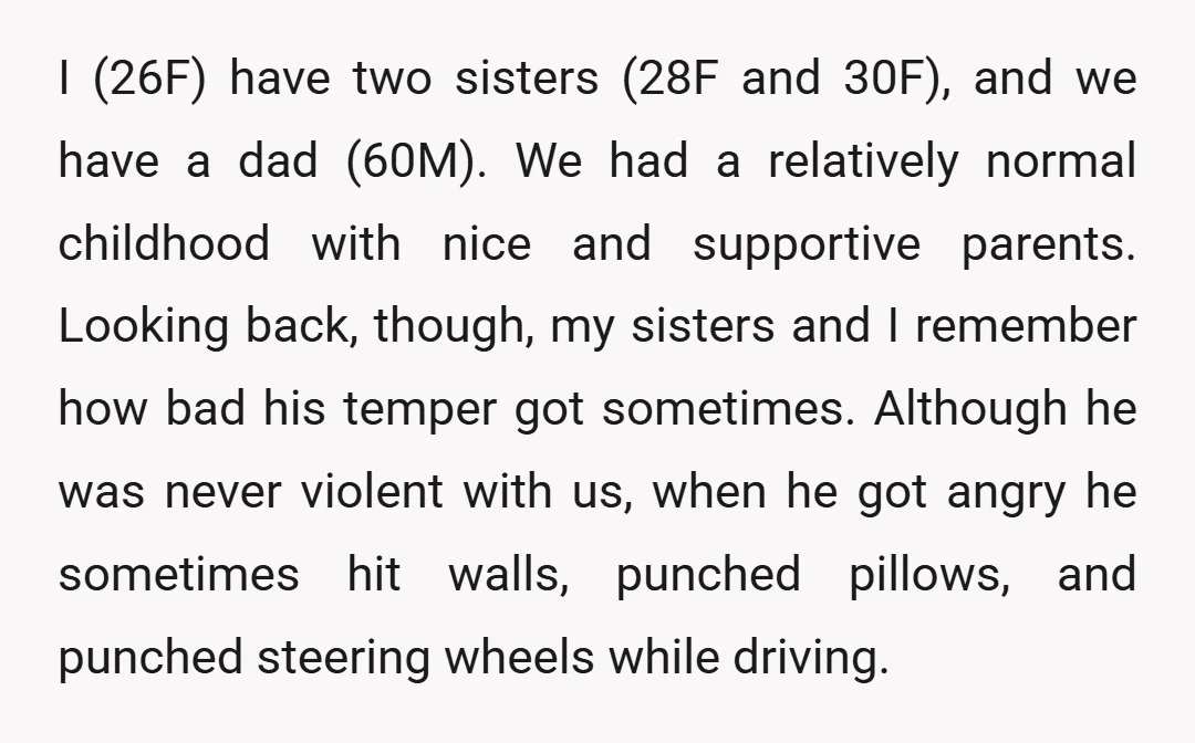 I (26F) have two sisters (28F and 30F), and we have a dad (60M). We had a relatively normal childhood with nice and supportive parents. Looking back, though, my sisters...