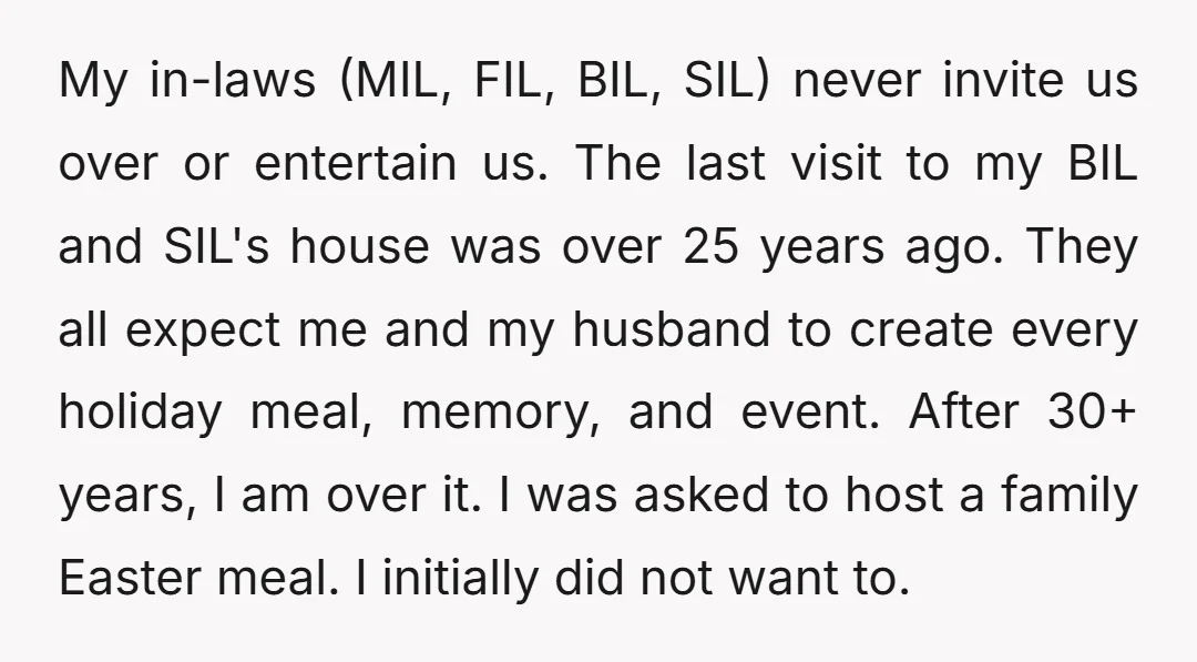 My in-laws (MIL, FIL, BIL, SIL) never invite us over or entertain us. The last visit to my BIL and SIL's house was over 25 years ago. They all expect...