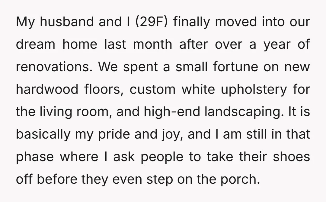 My husband and I (29F) finally moved into our dream home last month after over a year of renovations. We spent a small fortune on new hardwood floors, custom white...
