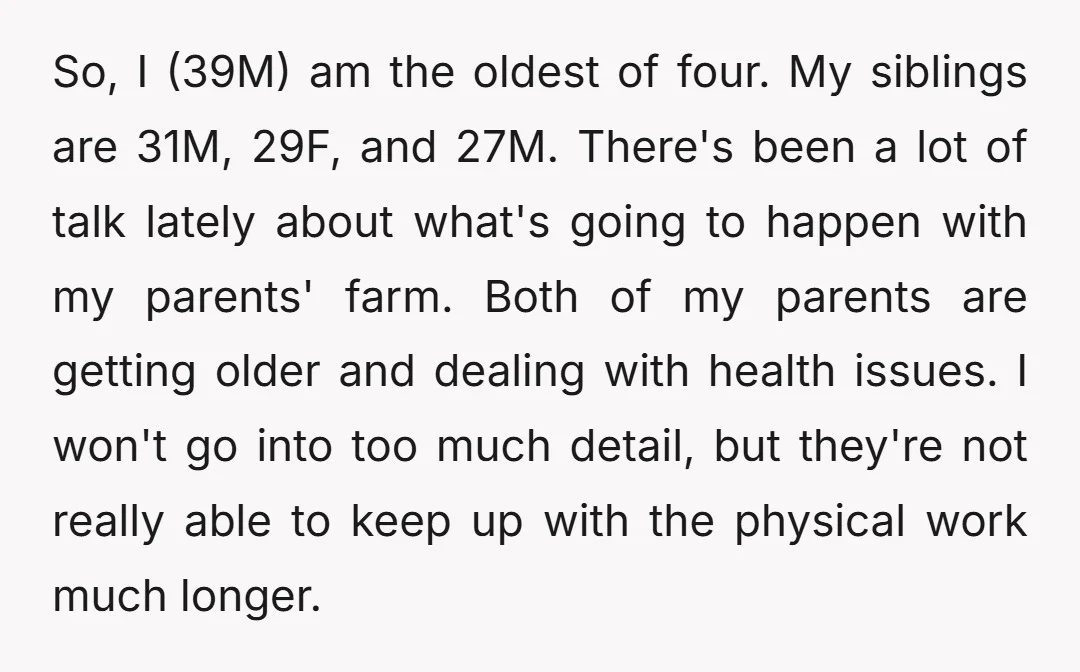 So, I (39M) am the oldest of four. My siblings are 31M, 29F, and 27M. There's been a lot of talk lately about what's going to happen with my parents'...