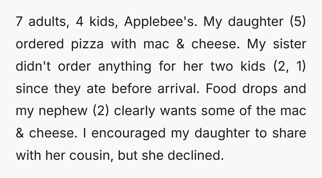 7 adults, 4 kids, Applebee's. My daughter (5) ordered pizza with mac & cheese. My sister didn't order anything for her two kids (2, 1) since they ate before arrival....