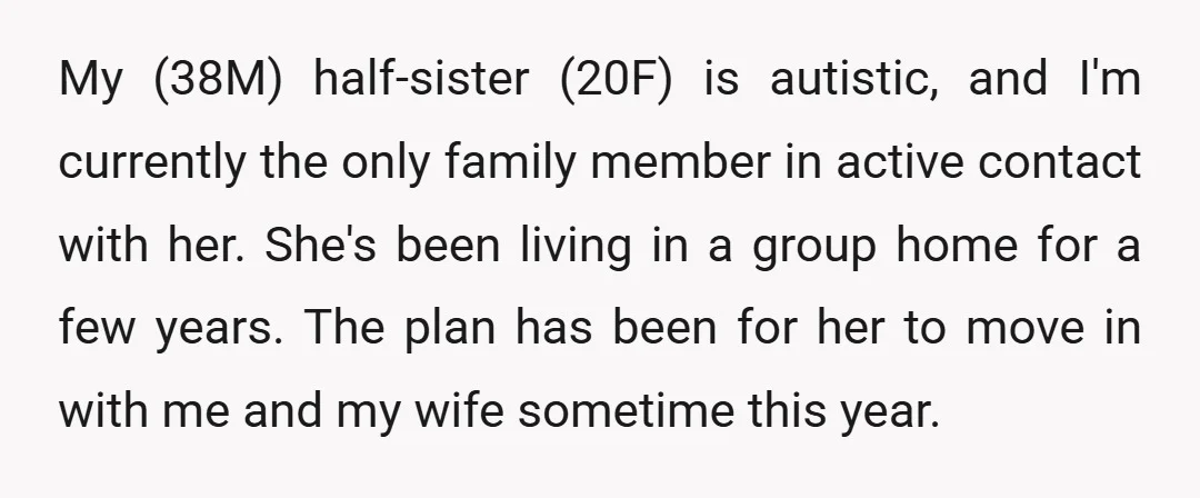 My (38M) half-sister (20F) is autistic, and I'm currently the only family member in active contact with her. She's been living in a group home for a few years. The...