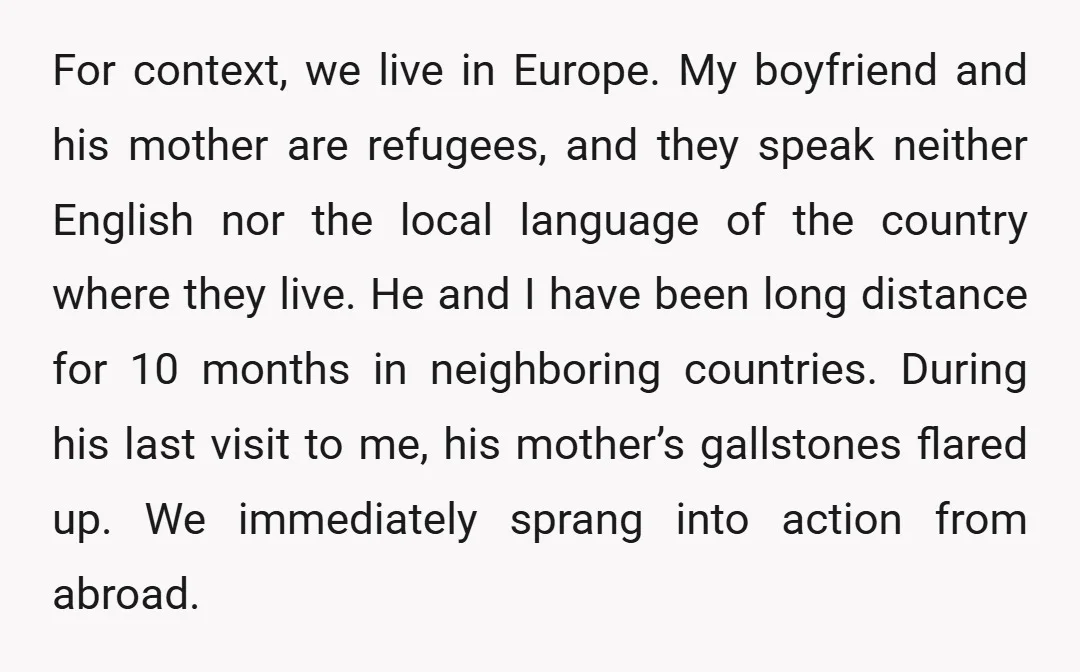 For context, we live in Europe. My boyfriend and his mother are refugees, and they speak neither English nor the local language of the country where they live. He and...