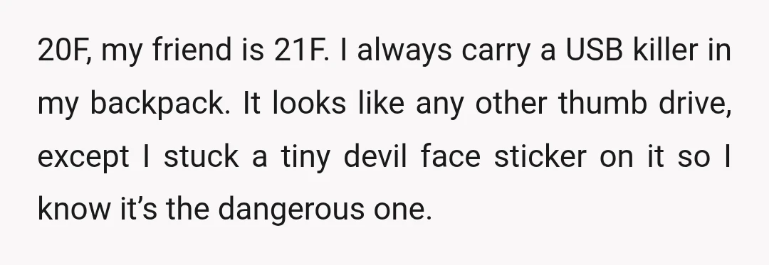 20F, my friend is 21F. I always carry a USB killer in my backpack. It looks like any other thumb drive, except I stuck a tiny devil face sticker on...