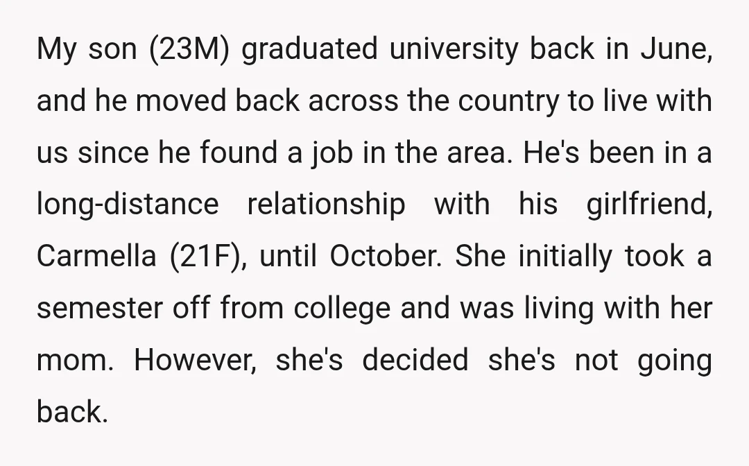 My son (23M) graduated university back in June, and he moved back across the country to live with us since he found a job in the area. He's been in...