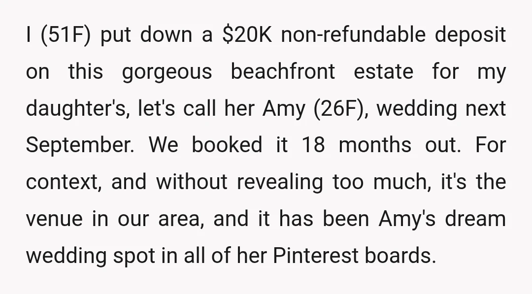I (51F) put down a $20K non-refundable deposit on this gorgeous beachfront estate for my daughter's, let's call her Amy (26F), wedding next September. We booked it 18 months out....
