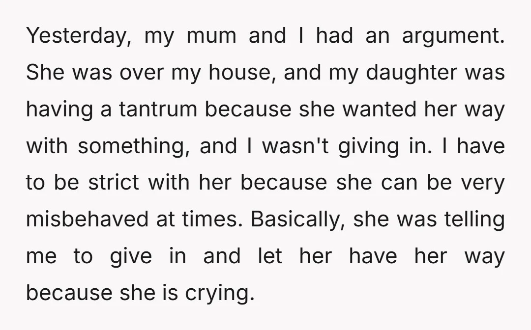 Yesterday, my mum and I had an argument. She was over my house, and my daughter was having a tantrum because she wanted her way with something, and I wasn't...
