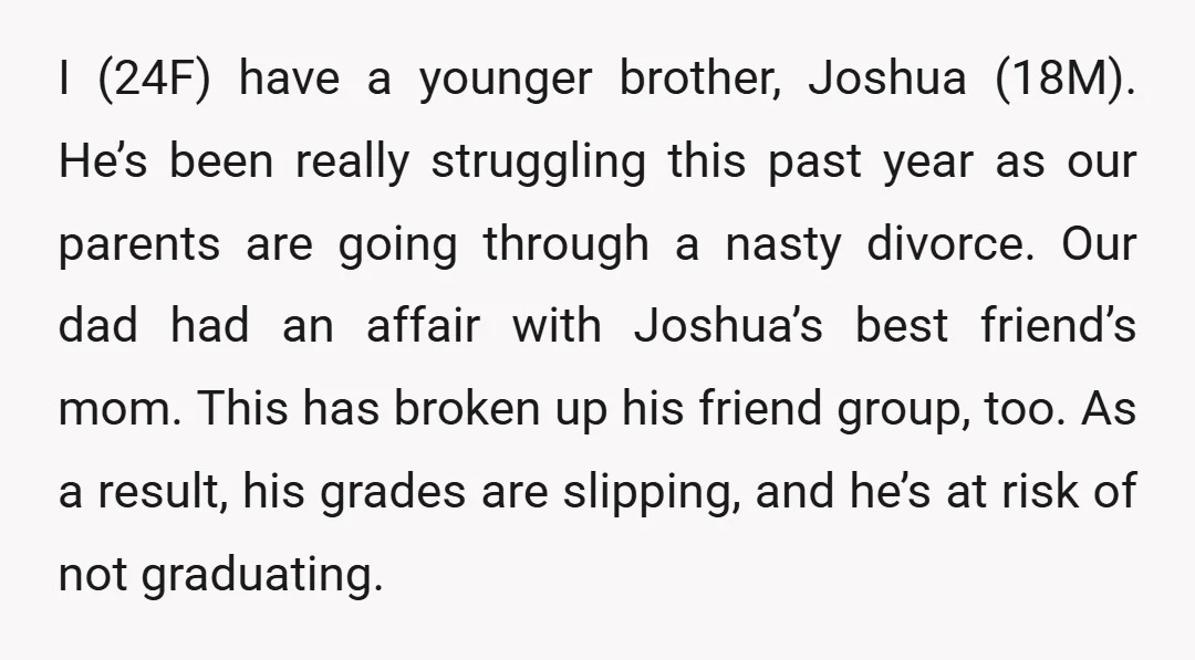 I (24F) have a younger brother, Joshua (18M). He’s been really struggling this past year as our parents are going through a nasty divorce. Our dad had an affair with...