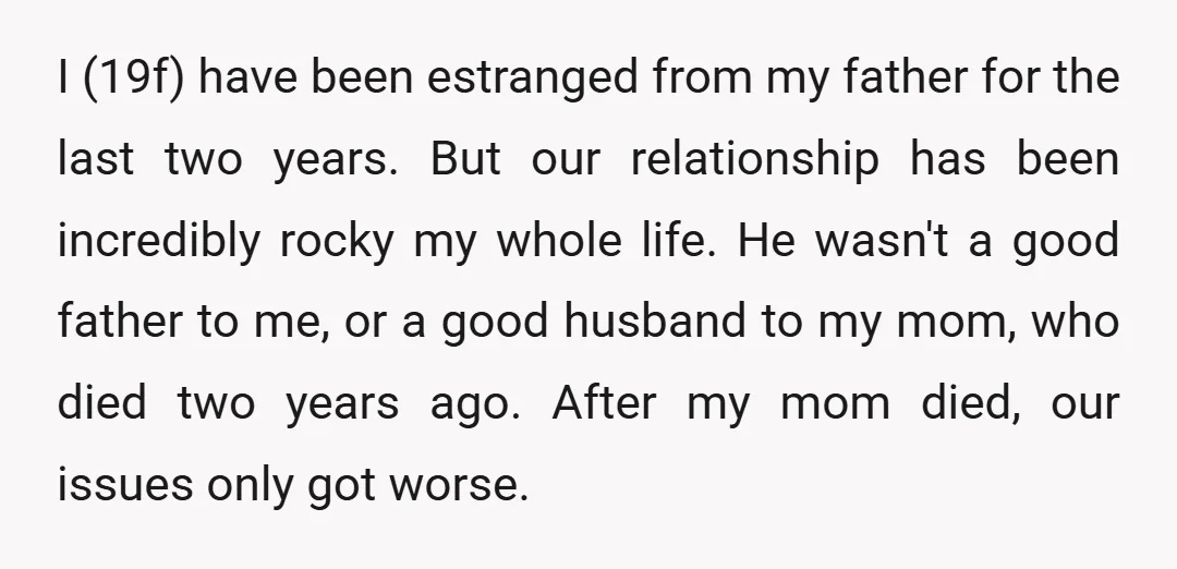 I (19f) have been estranged from my father for the last two years. But our relationship has been incredibly rocky my whole life. He wasn't a good father to me,...