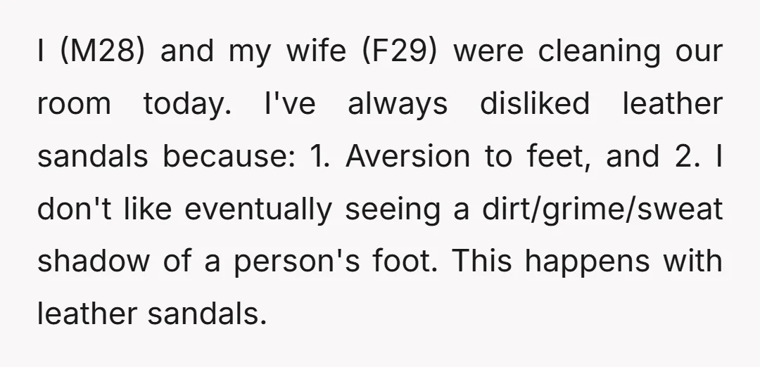 I (M28) and my wife (F29) were cleaning our room today. I've always disliked leather sandals because: 1. Aversion to feet, and 2. I don't like eventually seeing a dirt/grime/sweat...