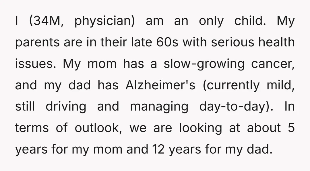 I (34M, physician) am an only child. My parents are in their late 60s with serious health issues. My mom has a slow-growing cancer, and my dad has Alzheimer's (currently...
