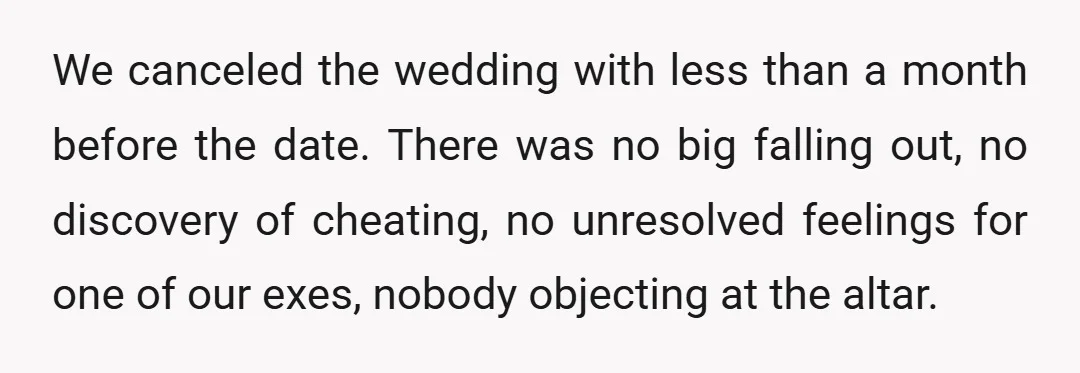 We canceled the wedding with less than a month before the date. There was no big falling out, no discovery of cheating, no unresolved feelings for one of our exes,...