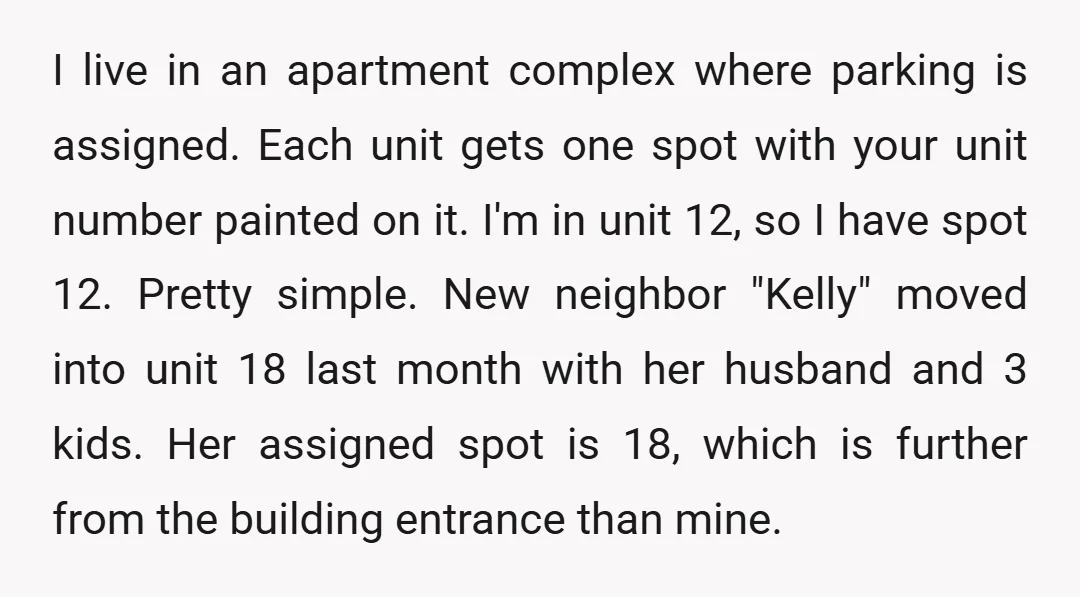I live in an apartment complex where parking is assigned. Each unit gets one spot with your unit number painted on it. I'm in unit 12, so I have spot...