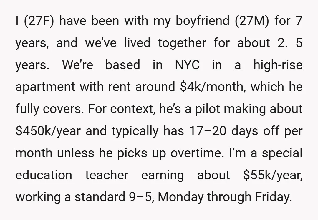 I (27F) have been with my boyfriend (27M) for 7 years, and we’ve lived together for about 2.5 years. We’re based in NYC in a high-rise apartment with rent around...