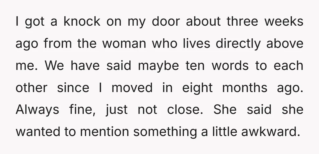 I got a knock on my door about three weeks ago from the woman who lives directly above me. We have said maybe ten words to each other since I...