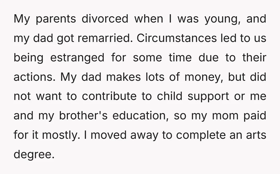 My parents divorced when I was young, and my dad got remarried. Circumstances led to us being estranged for some time due to their actions. My dad makes lots of...