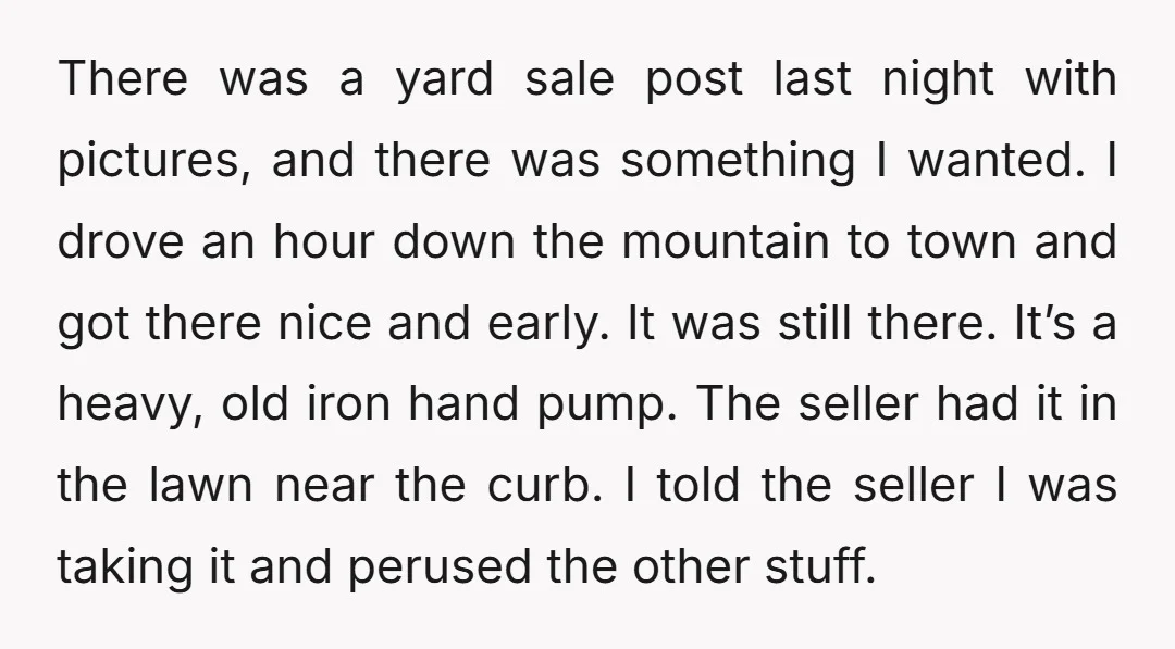 There was a yard sale post last night with pictures, and there was something I wanted. I drove an hour down the mountain to town and got there nice and...