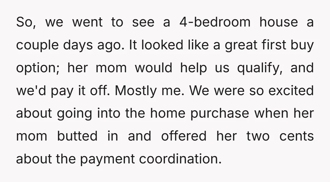 So, we went to see a 4-bedroom house a couple days ago. It looked like a great first buy option; her mom would help us qualify, and we'd pay it...