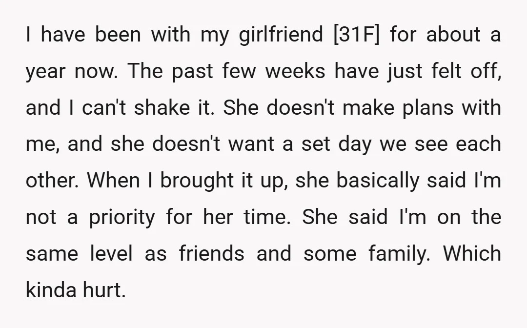 I have been with my girlfriend [31F] for about a year now. The past few weeks have just felt off, and I can't shake it. She doesn't make plans with...