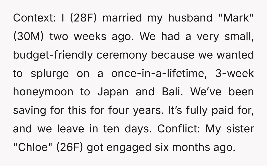 Context: I (28F) married my husband "Mark" (30M) two weeks ago. We had a very small, budget-friendly ceremony because we wanted to splurge on a once-in-a-lifetime, 3-week honeymoon to Japan...