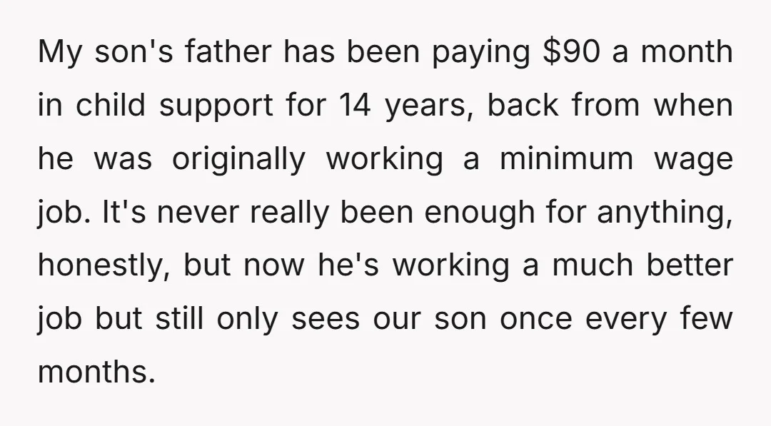 My son's father has been paying $90 a month in child support for 14 years, back from when he was originally working a minimum wage job. It's never really been...