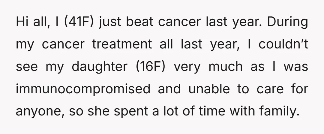 Hi all, I (41F) just beat cancer last year. During my cancer treatment all last year, I couldn’t see my daughter (16F) very much as I was immunocompromised and unable...