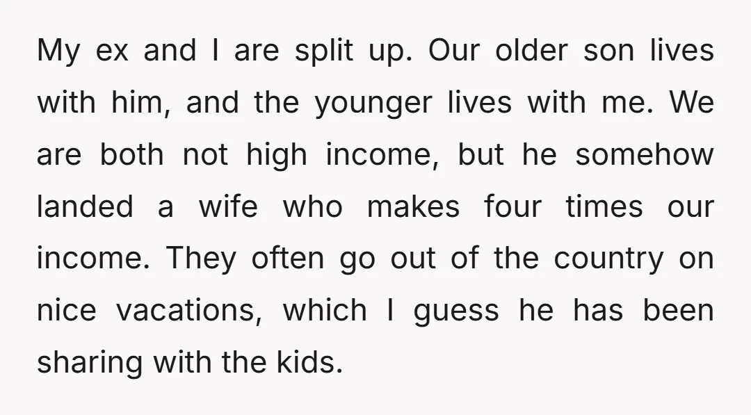 My ex and I are split up. Our older son lives with him, and the younger lives with me. We are both not high income, but he somehow landed a...