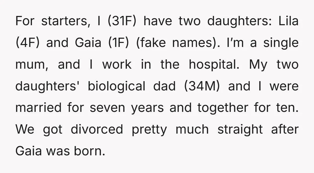 For starters, I (31F) have two daughters: Lila (4F) and Gaia (1F) (fake names). I’m a single mum, and I work in the hospital. My two daughters' biological dad (34M)...