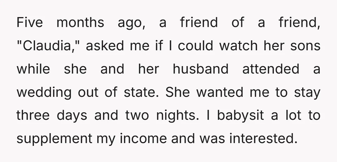 Five months ago, a friend of a friend, "Claudia," asked me if I could watch her sons while she and her husband attended a wedding out of state. She wanted...