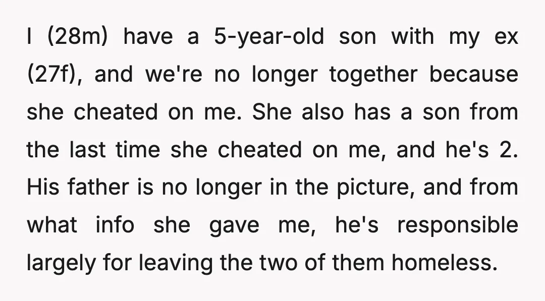 I (28m) have a 5-year-old son with my ex (27f), and we're no longer together because she cheated on me. She also has a son from the last time she...