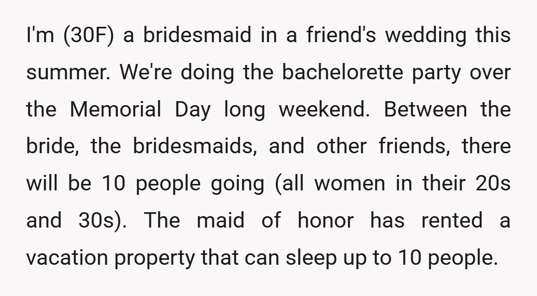 I'm (30F) a bridesmaid in a friend's wedding this summer. We're doing the bachelorette party over the Memorial Day long weekend. Between the bride, the bridesmaids, and other friends, there...