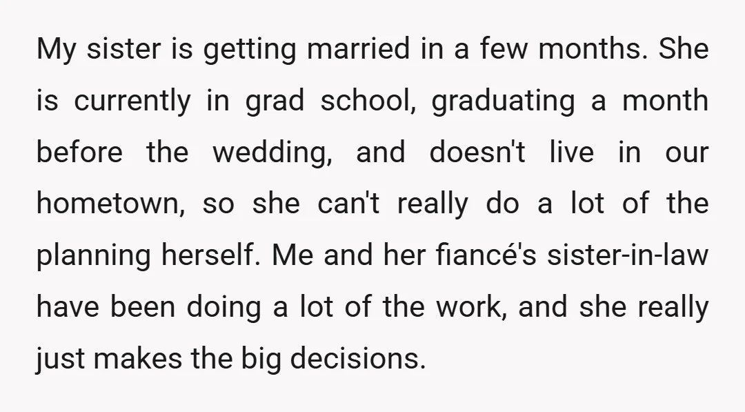 My sister is getting married in a few months. She is currently in grad school, graduating a month before the wedding, and doesn't live in our hometown, so she can't...