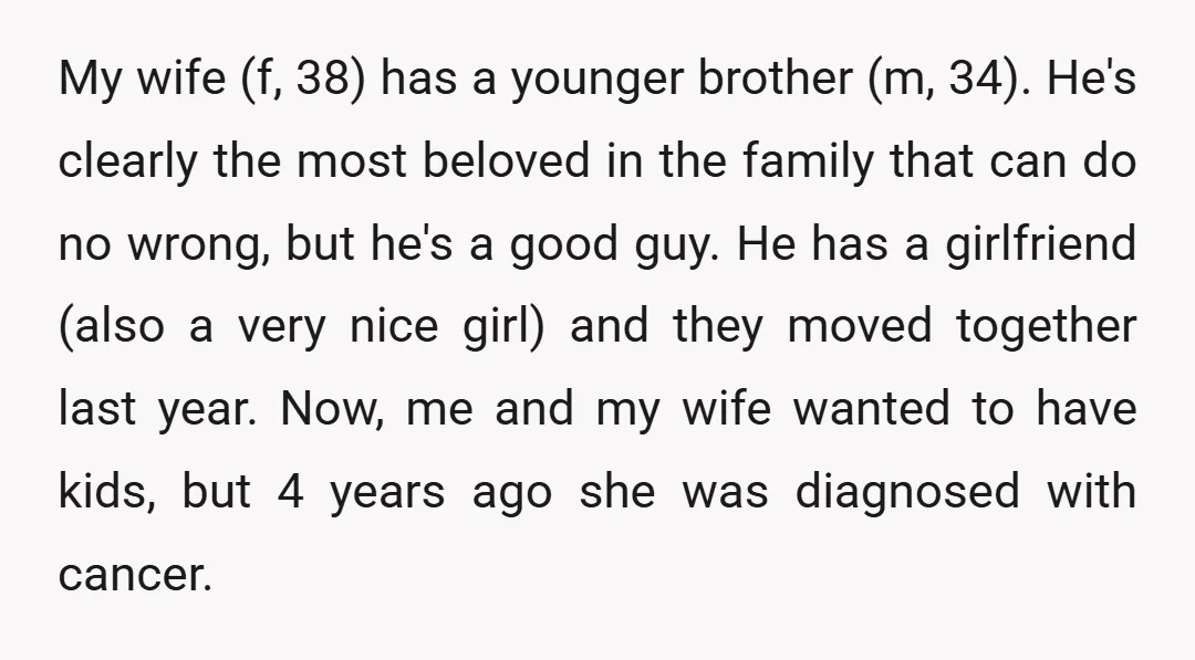 My wife (f, 38) has a younger brother (m, 34). He's clearly the most beloved in the family that can do no wrong, but he's a good guy. He has...